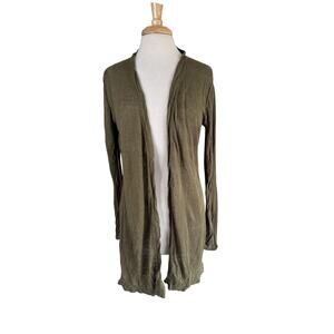 NHBT 100% Linen Long Line Open Cardigan Sweater in Olive Green Size Medium Women